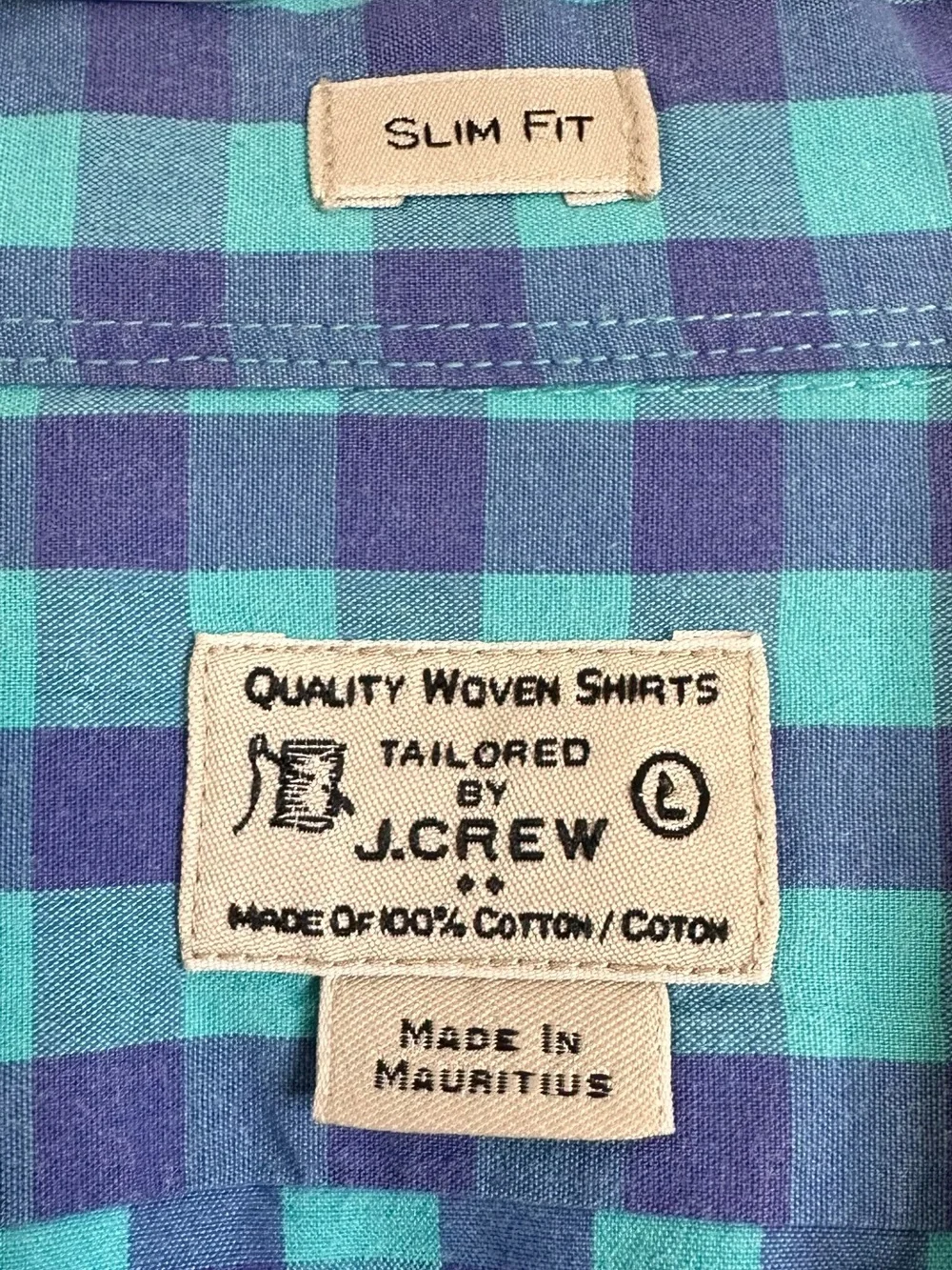 J. Crew Teal and Navy Check Long-Sleeve Button-Down Shirt Men's Size Large